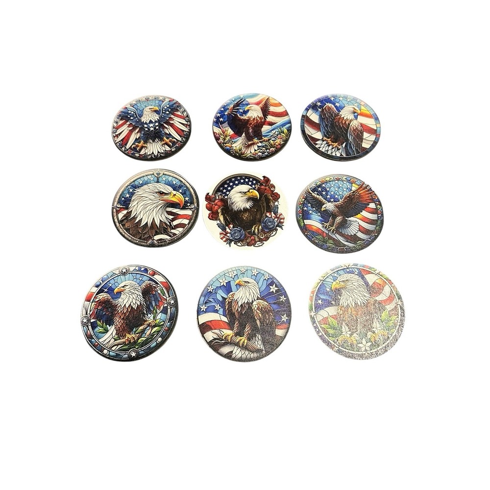 NEW wood round coasters set of 9 usa flag eagle america